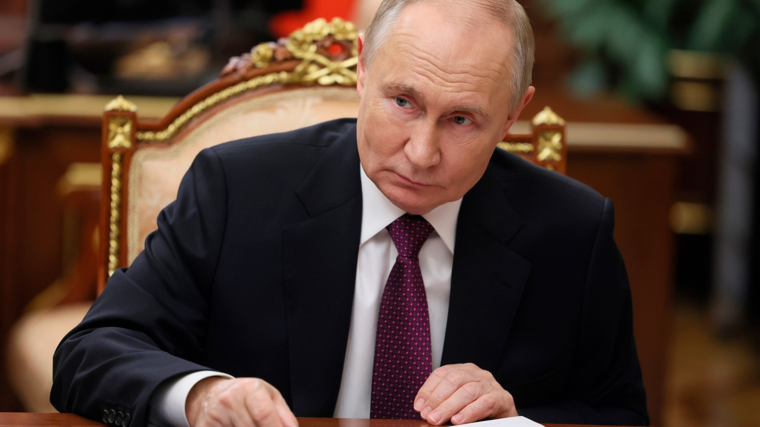 Russian President Vladimir Putin meets with First Deputy Prime Minister Denis Manturov at the Kremlin, in Moscow, Russia, Wednesday, Nov. 20, 2024. (Vyacheslav Prokofyev, Sputnik, Kremlin Pool Photo via AP)