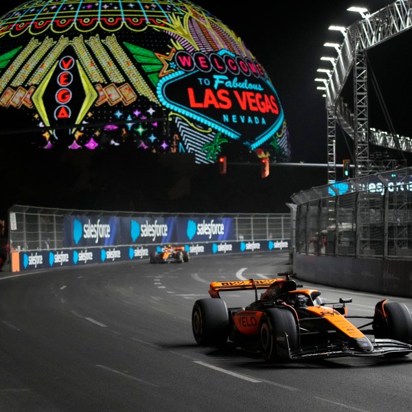 FILE - McLaren driver Oscar Piastri, of Australia, drives during the final practice session for the Formula One Las Vegas Grand Prix auto race, Friday, Nov. 17, 2023, in Las Vegas. (AP Photo/John Locher, File)