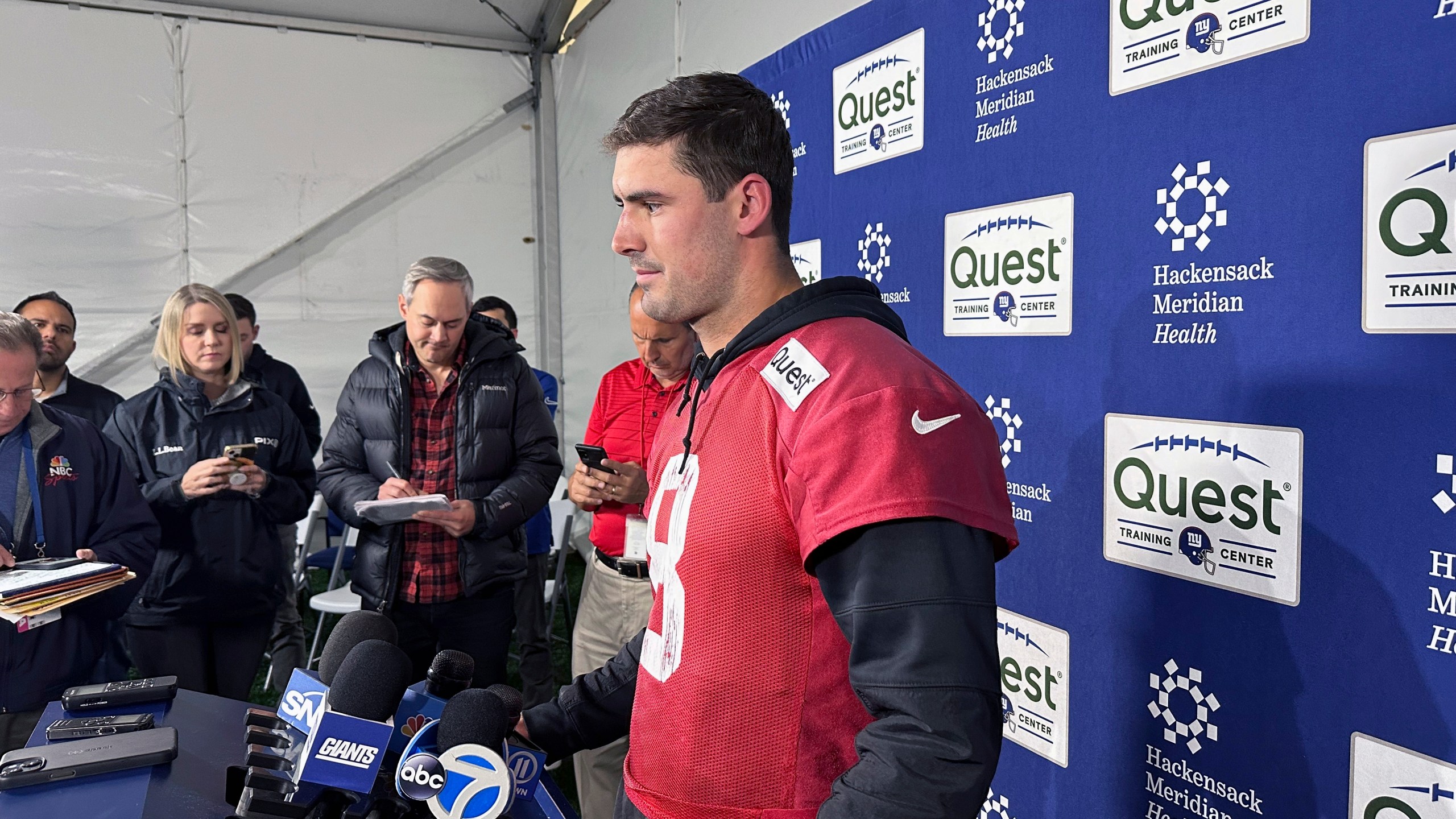 New York Giants NFL football quarterback Daniel Jones speaks to the media Thursday, Nov. 21, 2024, in East Rutherford, N.J. (AP Photo/Tom Canavan)