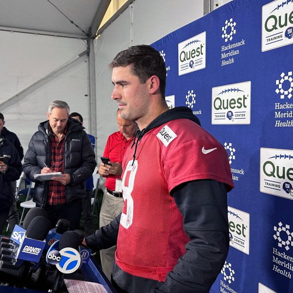 New York Giants NFL football quarterback Daniel Jones speaks to the media Thursday, Nov. 21, 2024, in East Rutherford, N.J. (AP Photo/Tom Canavan)