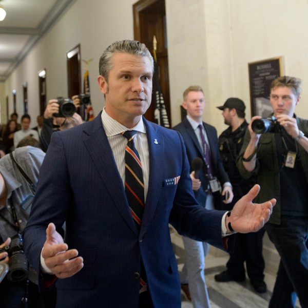 Pete Hegseth, President-elect Donald Trump's pick for secretary of defense, speaks with reporters following a meeting with senators on Capitol Hill, Thursday, Nov. 21, 2024, in Washington. (AP Photo/Rod Lamkey, Jr.)