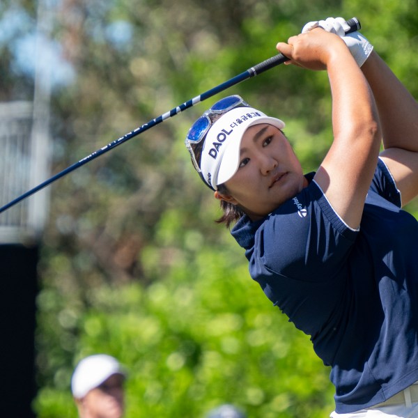 Hadrian Ryu tees off on the first hole during the first round of the LPGA CME Group Tour Championship golf tournament Thursday, Nov. 21, 2024, in Naples, Fla. (AP Photo/Chris Tilley)