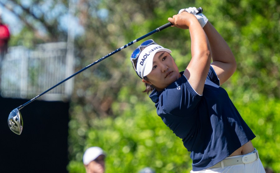 Hadrian Ryu tees off on the first hole during the first round of the LPGA CME Group Tour Championship golf tournament Thursday, Nov. 21, 2024, in Naples, Fla. (AP Photo/Chris Tilley)