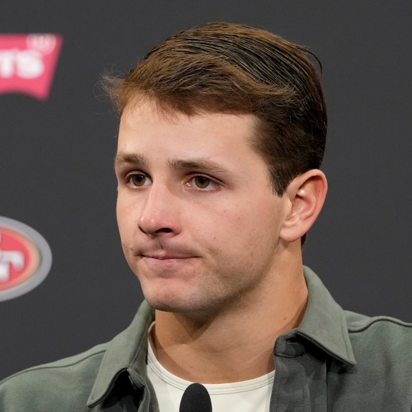 San Francisco 49ers quarterback Brock Purdy speaks at a news conference after an NFL football game against the Seattle Seahawks in Santa Clara, Calif., Sunday, Nov. 17, 2024. (AP Photo/Godofredo A. Vásquez)