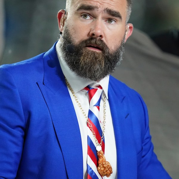 FILE - Former Philadelphia Eagles center Jason Kelce prepares for his ESPN debut as a Monday Night Football Analyst before an NFL football game between the Buffalo Bill and the New York Jets, Oct. 14, 2024 in East Rutherford, N.J. (AP Photo/Vera Nieuwenhuis, File)