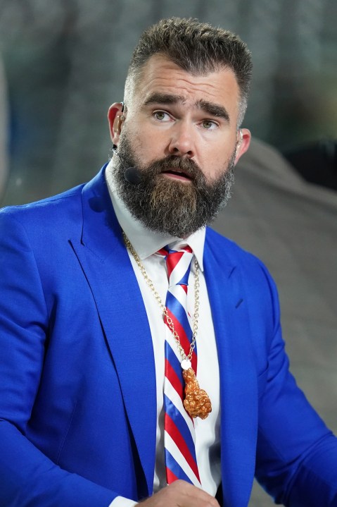 FILE - Former Philadelphia Eagles center Jason Kelce prepares for his ESPN debut as a Monday Night Football Analyst before an NFL football game between the Buffalo Bill and the New York Jets, Oct. 14, 2024 in East Rutherford, N.J. (AP Photo/Vera Nieuwenhuis, File)