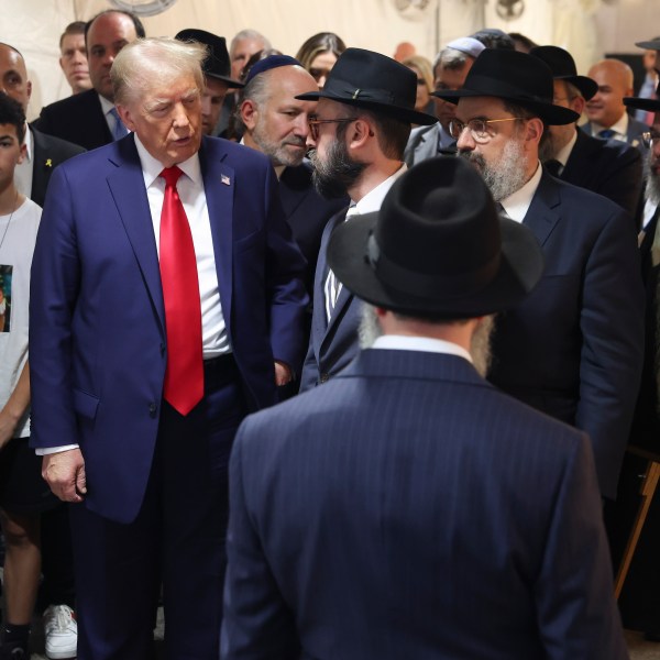 FILE - Republican presidential nominee former President Donald Trump arrives at Ohel Chabad-Lubavitch to visit the gravesite of Rabbi Menachem Mendel Schneerson, Monday, Oct. 7, 2024, in New York. (AP Photo/Yuki Iwamura, File)