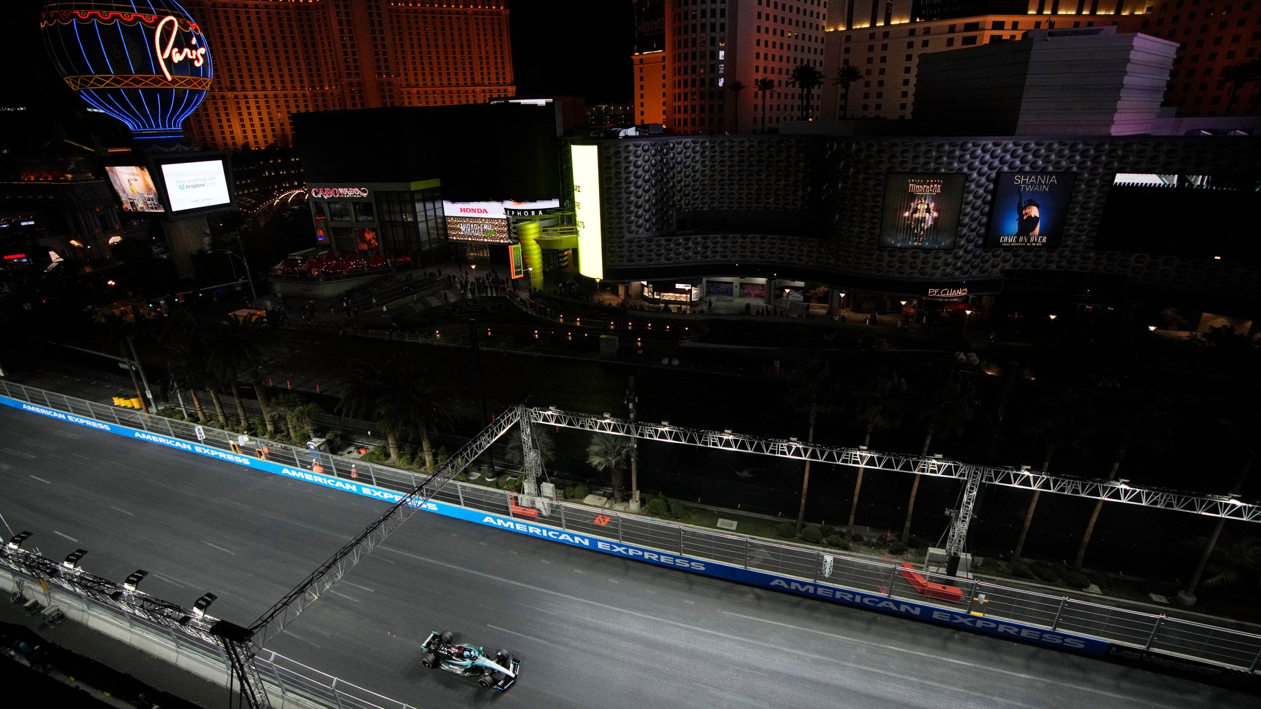 Mercedes driver George Russell, of Britain, drives during a practice session for the Formula One U.S. Grand Prix auto race, Thursday, Nov. 21, 2024, in Las Vegas. (AP Photo/John Locher)