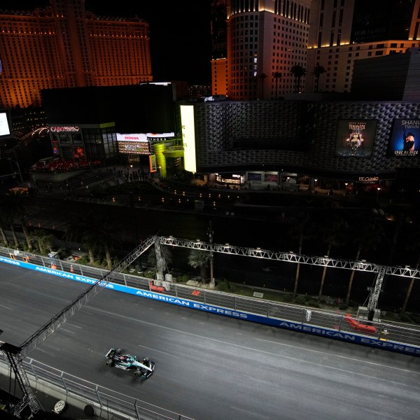 Mercedes driver George Russell, of Britain, drives during a practice session for the Formula One U.S. Grand Prix auto race, Thursday, Nov. 21, 2024, in Las Vegas. (AP Photo/John Locher)