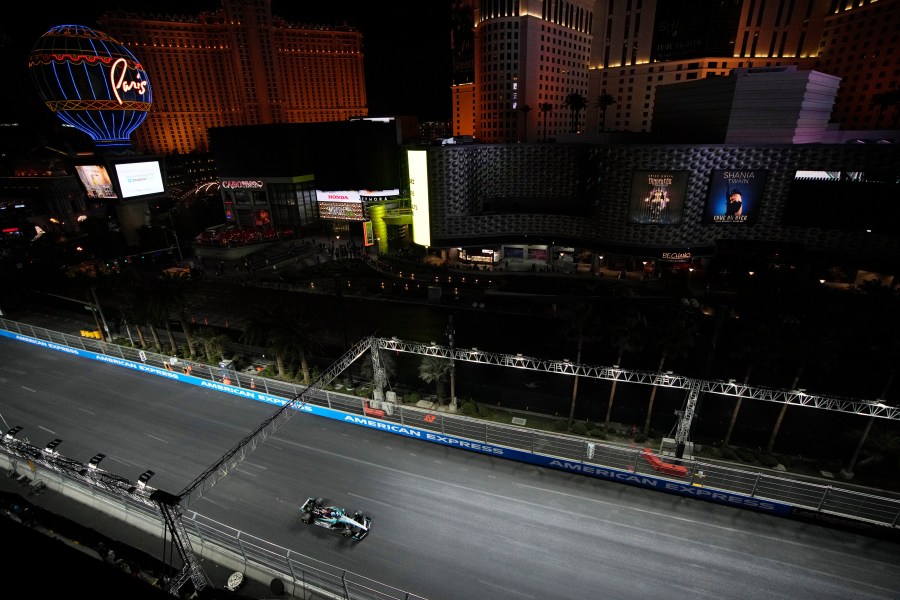 Mercedes driver George Russell, of Britain, drives during a practice session for the Formula One U.S. Grand Prix auto race, Thursday, Nov. 21, 2024, in Las Vegas. (AP Photo/John Locher)