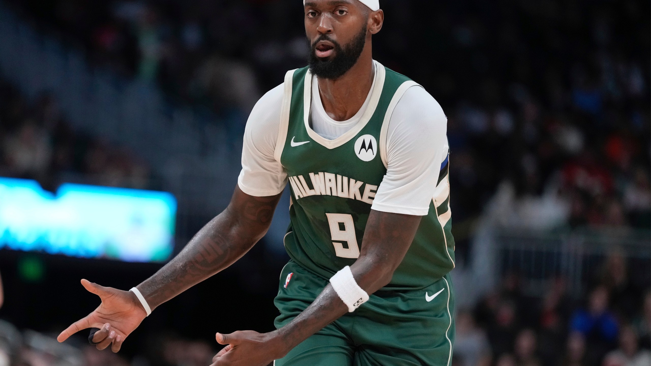 Milwaukee Bucks' Bobby Portis reacts to his three pointer during the first half of an NBA basketball game Wednesday, Nov. 20, 2024, in Milwaukee. (AP Photo/Morry Gash)