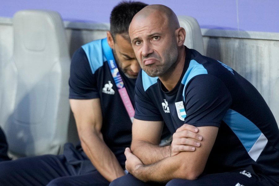 FILE - Argentina's head coach Javier Mascherano reacts before the quarter final soccer match between France and Argentina, at Bordeaux Stadium, during the 2024 Summer Olympics, on Aug. 2, 2024, in Bordeaux, France. (AP Photo/Moises Castillo, File)