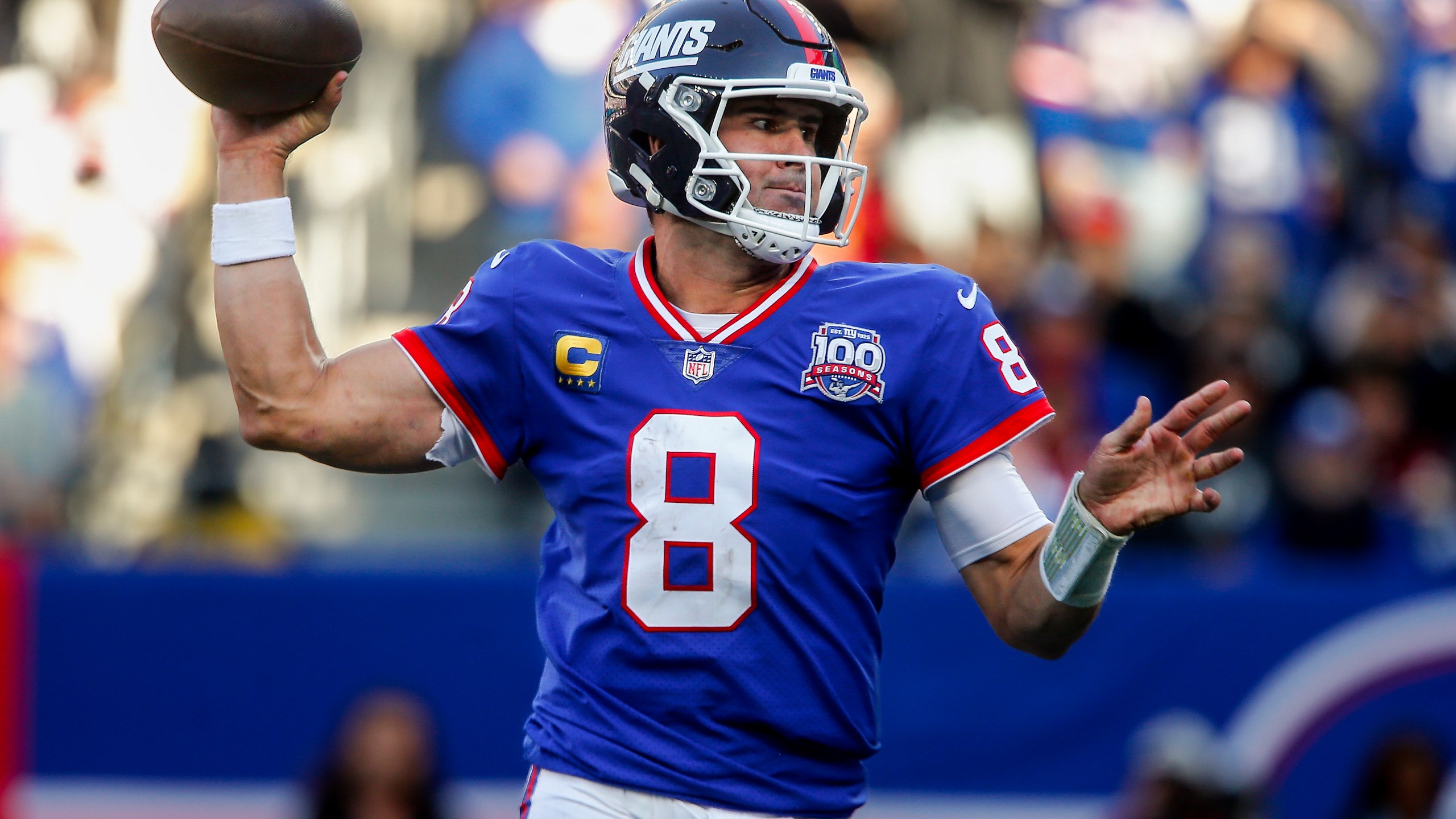 FILE - New York Giants quarterback Daniel Jones (8) passes the ball against the Washington Commanders during the third quarter of an NFL football game, Sunday, Nov. 3, 2024, in East Rutherford, N.J. (AP Photo/John Munson, File)