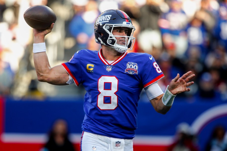 FILE - New York Giants quarterback Daniel Jones (8) passes the ball against the Washington Commanders during the third quarter of an NFL football game, Sunday, Nov. 3, 2024, in East Rutherford, N.J. (AP Photo/John Munson, File)