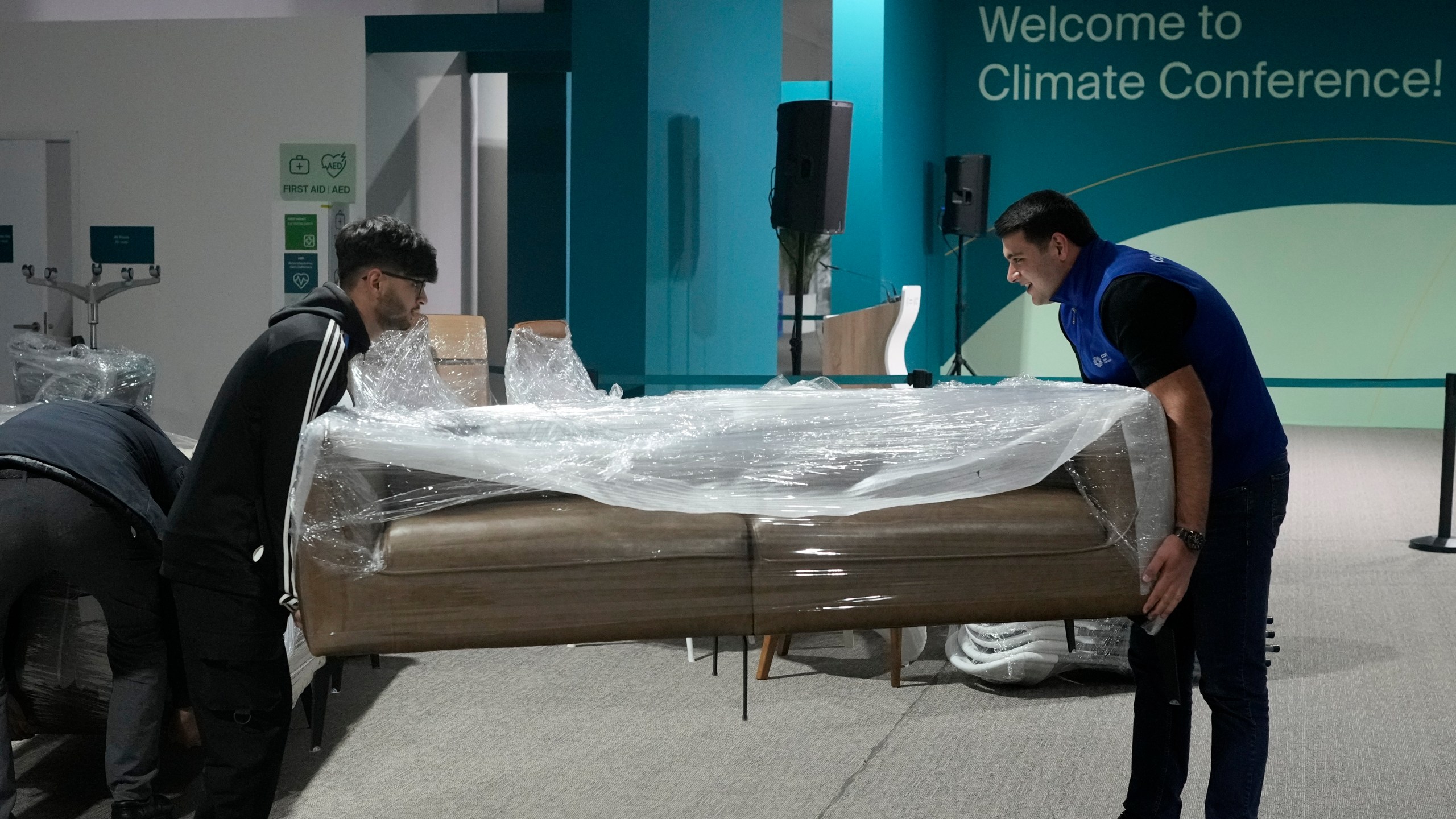 Furniture is wrapped up during the COP29 U.N. Climate Summit, Friday, Nov. 22, 2024, in Baku, Azerbaijan. (AP Photo/Rafiq Maqbool)