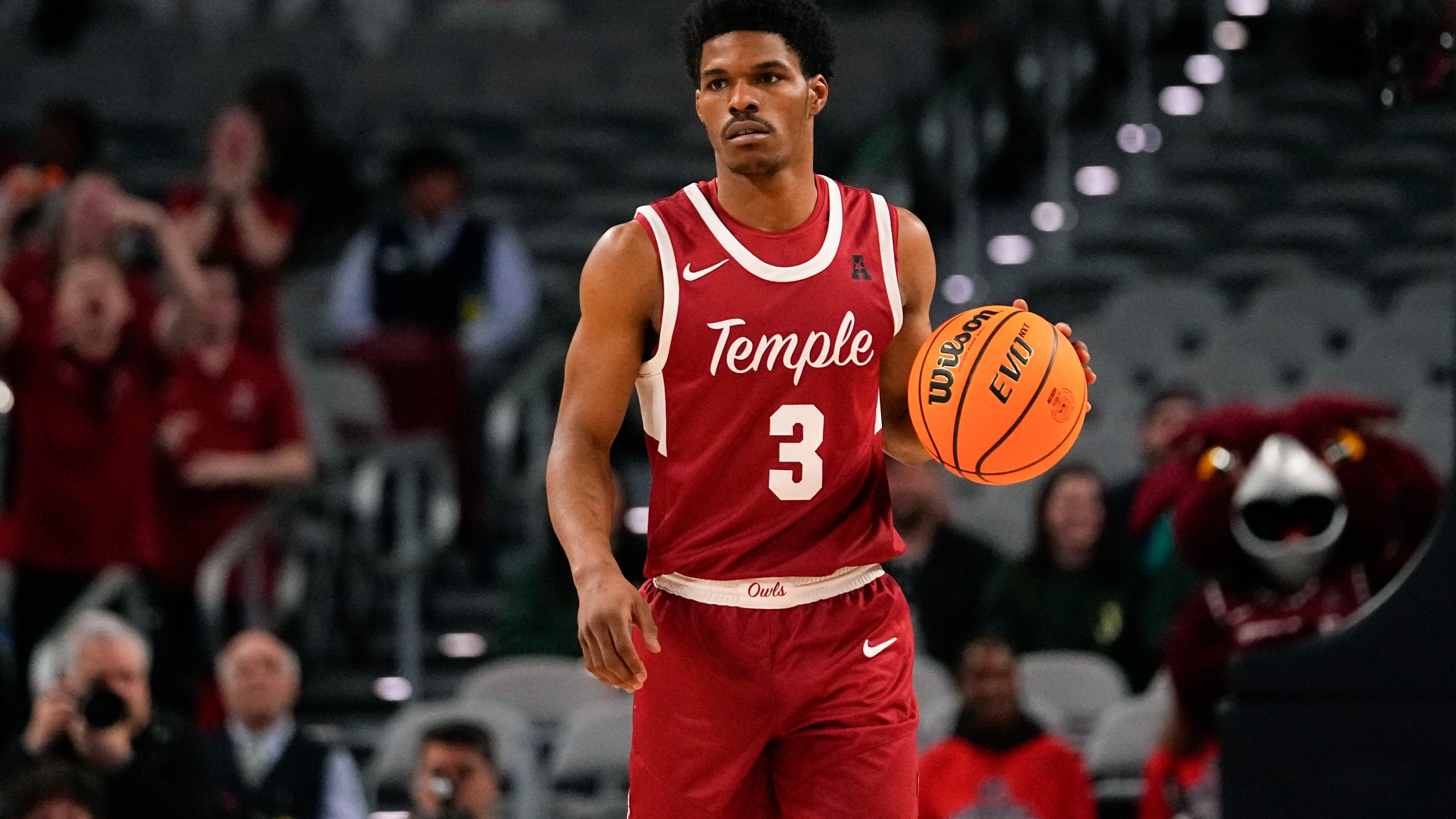 FILE - Temple's Hysier Miller dribbles up court against UAB during the first half of an NCAA college basketball game in the championship of the American Athletic Conference tournament, March 17, 2024, in Fort Worth, Texas. (AP Photo/Julio Cortez, File)