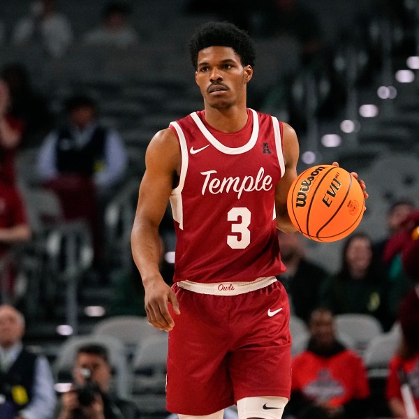 FILE - Temple's Hysier Miller dribbles up court against UAB during the first half of an NCAA college basketball game in the championship of the American Athletic Conference tournament, March 17, 2024, in Fort Worth, Texas. (AP Photo/Julio Cortez, File)