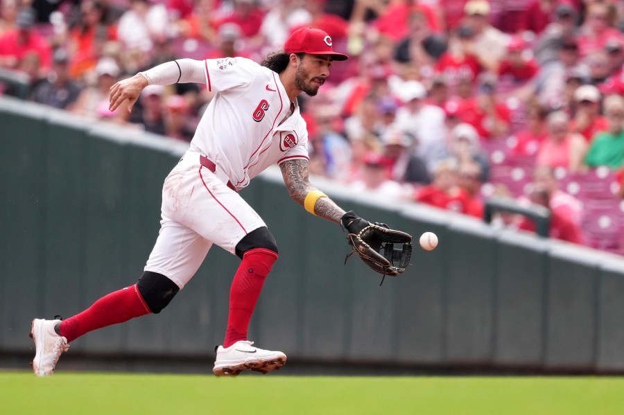 FILE - Cincinnati Reds' Jonathan India fields a ground ball hit by Pittsburgh Pirates' Oneil Cruz during the fifth inning of a baseball game, Sept. 22, 2024, in Cincinnati. (AP Photo/Kareem Elgazzar, File)