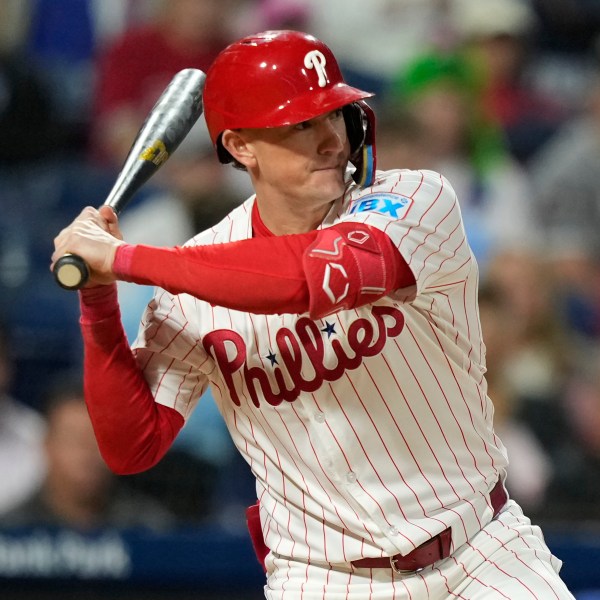 FILE - Philadelphia Phillies' Austin Hays takes an at-bat during a baseball game against the Chicago Cubs, Sept. 24, 2024, in Philadelphia. (AP Photo/Matt Slocum, File)