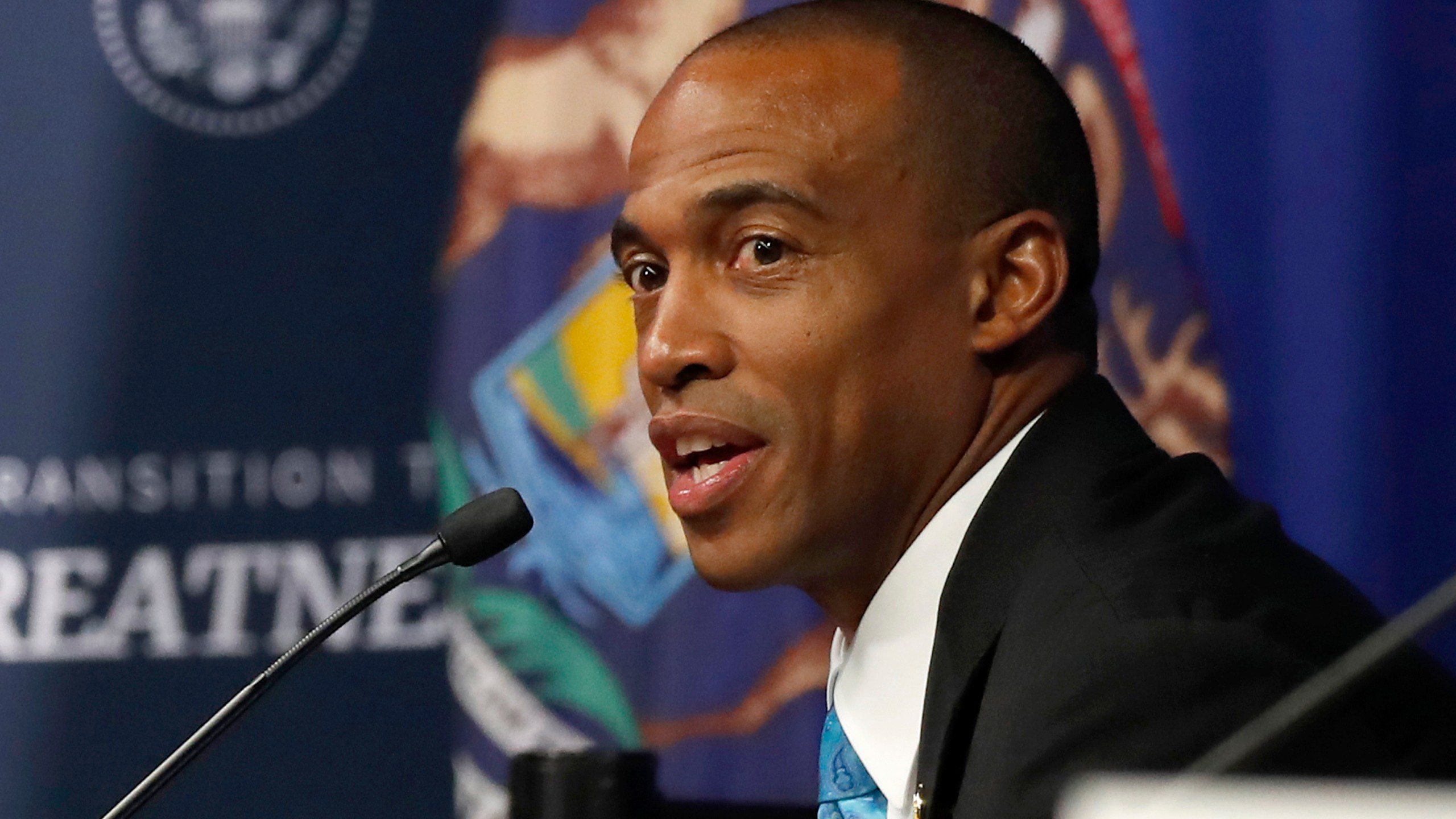 FILE - Scott Turner, the executive director of the White House Opportunity and Revitalization Council, speaks during a listening session with African-American leaders, May 21, 2020, in Ypsilanti, Mich. (AP Photo/Alex Brandon, File)