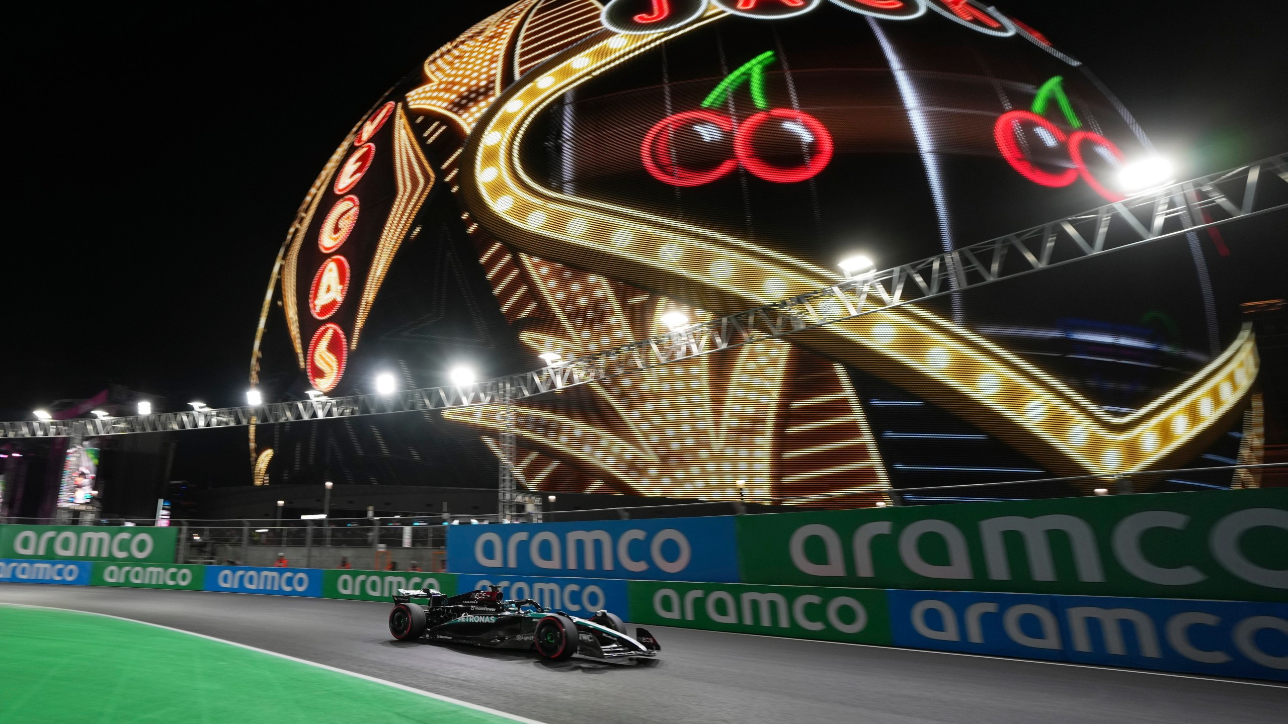 Mercedes driver George Russell, of Britain, drives during qualifications for the Formula One U.S. Grand Prix auto race, Friday, Nov. 22, 2024, in Las Vegas. (AP Photo/Rick Scuteri)