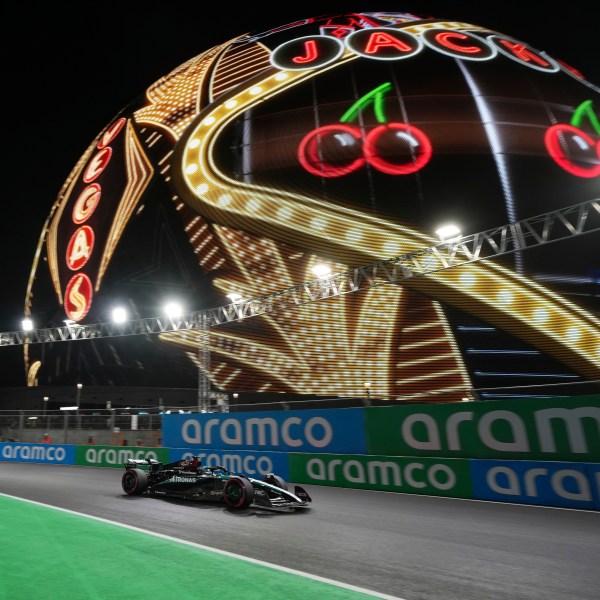 Mercedes driver George Russell, of Britain, drives during qualifications for the Formula One U.S. Grand Prix auto race, Friday, Nov. 22, 2024, in Las Vegas. (AP Photo/Rick Scuteri)