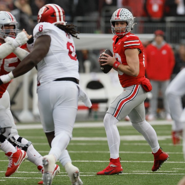 Ohio State quarterback Will Howard drops back to pass against Indiana during the first half of an NCAA college football game Saturday, Nov. 23, 2024, in Columbus, Ohio. (AP Photo/Jay LaPrete)