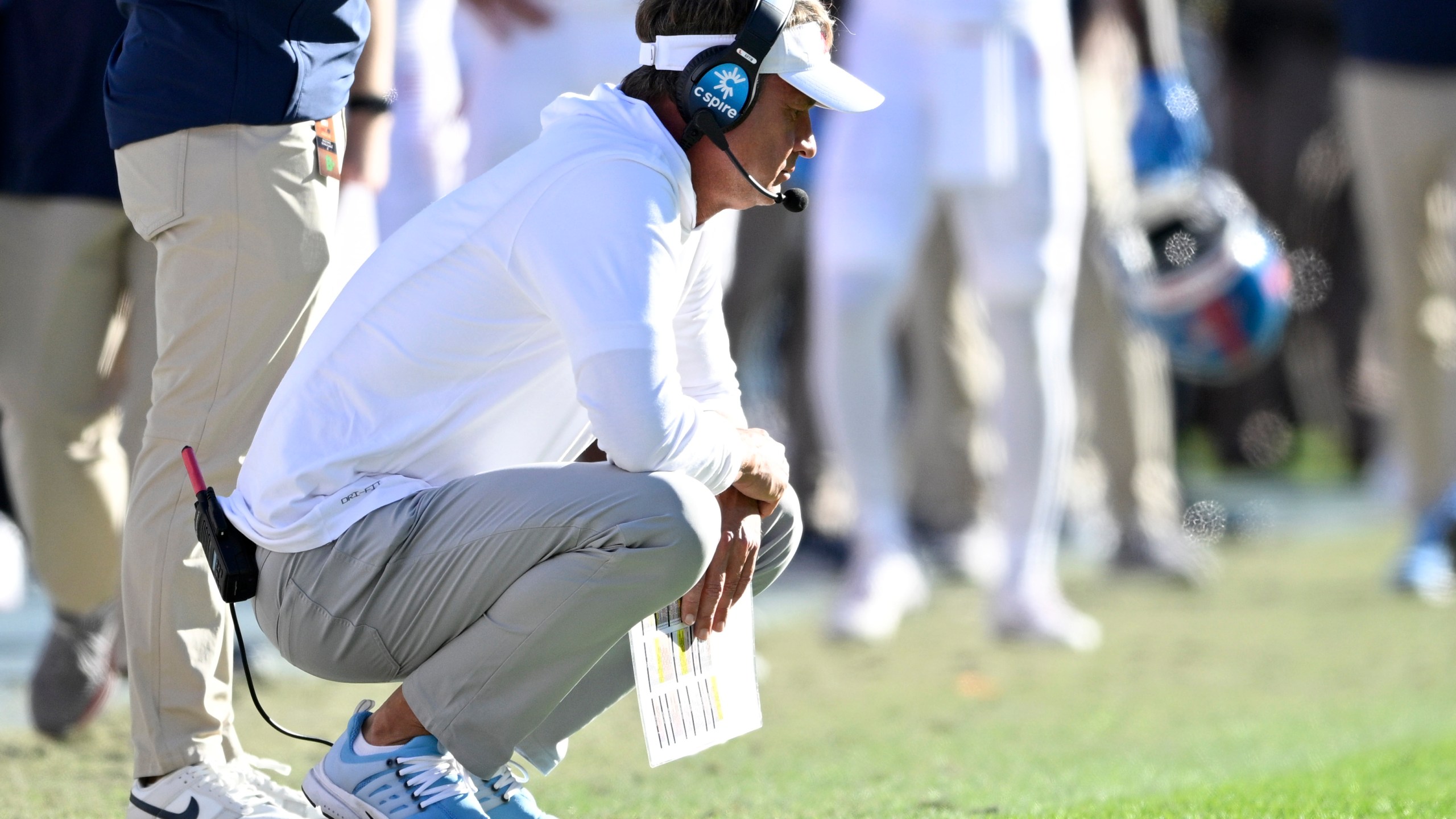 Mississippi head coach Lane Kiffin reacts on the sideline during the second half of an NCAA college football game against Florida, Saturday, Nov. 23, 2024, in Gainesville, Fla. (AP Photo/Phelan M. Ebenhack)