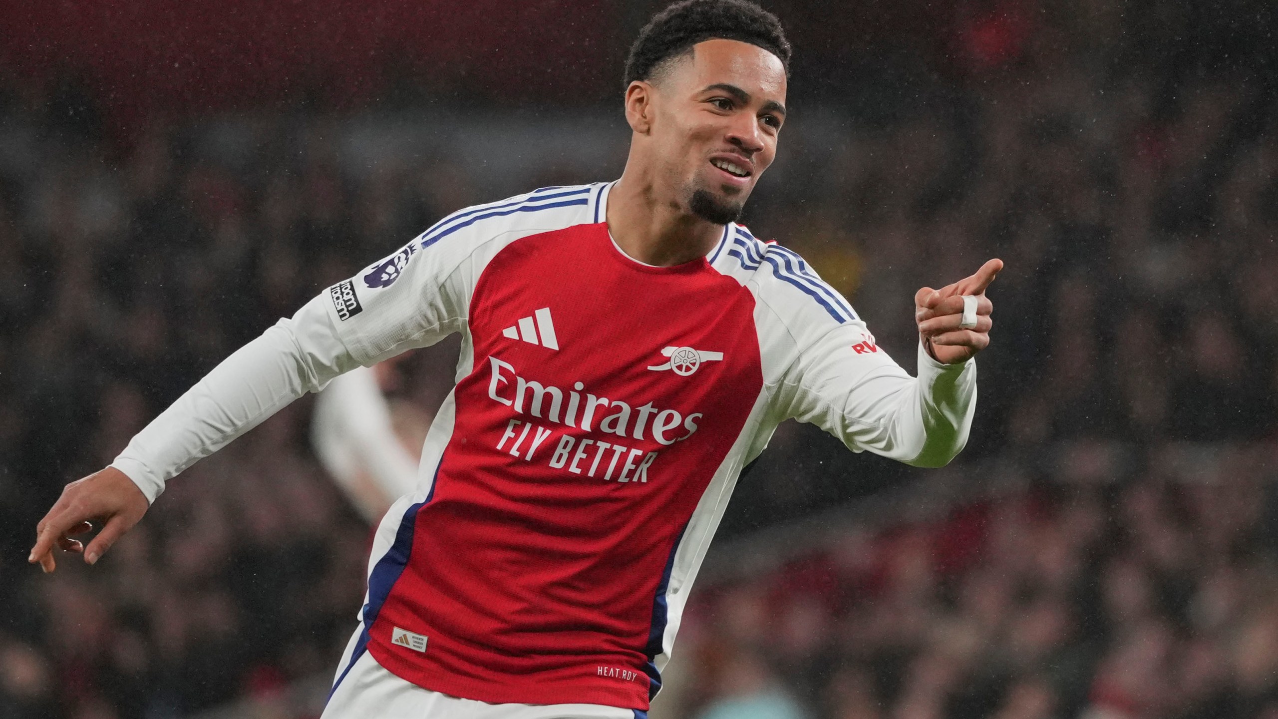 Arsenal's Ethan Nwaneri celebrates after scoring his side's third goal during the English Premier League soccer match between Arsenal and Nottingham Forest at Emirates Stadium in London, Saturday, Nov. 23, 2024. (AP Photo/Kin Cheung)