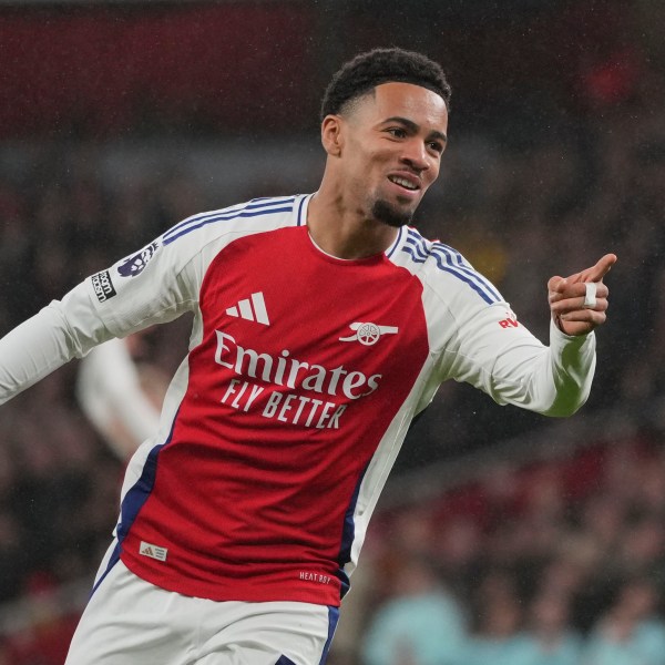 Arsenal's Ethan Nwaneri celebrates after scoring his side's third goal during the English Premier League soccer match between Arsenal and Nottingham Forest at Emirates Stadium in London, Saturday, Nov. 23, 2024. (AP Photo/Kin Cheung)