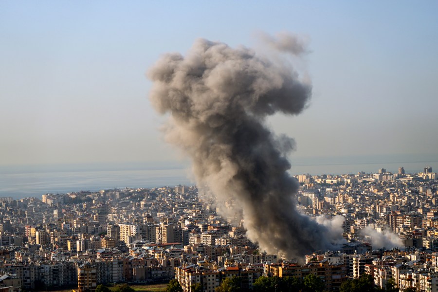 Smoke rises after an Israeli airstrike on Dahiyeh, in the southern suburb of Beirut, Lebanon, Saturday, Nov. 23, 2024. (AP Photo/Hassan Ammar)