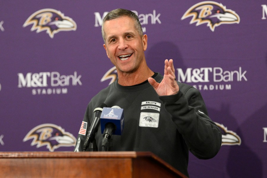 Baltimore Ravens head coach John Harbaugh speaks during a news conference after an NFL football game against the Cincinnati Bengals, Friday, Nov. 8, 2024, in Baltimore. (AP Photo/Nick Wass)