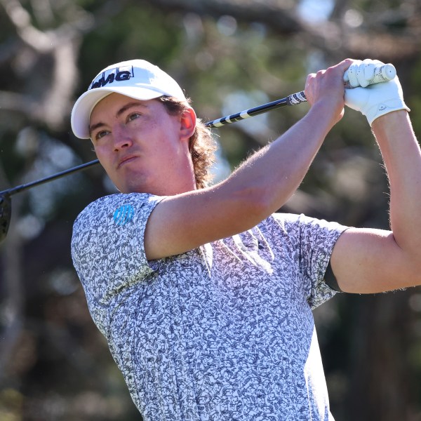 Maverick McNealy drives from the second tee during the final final round of the RSM Classic golf tournament, Sunday, Nov. 24, 2024, in St. Simons Island, Ga. (AP Photo/Gary McCullough)