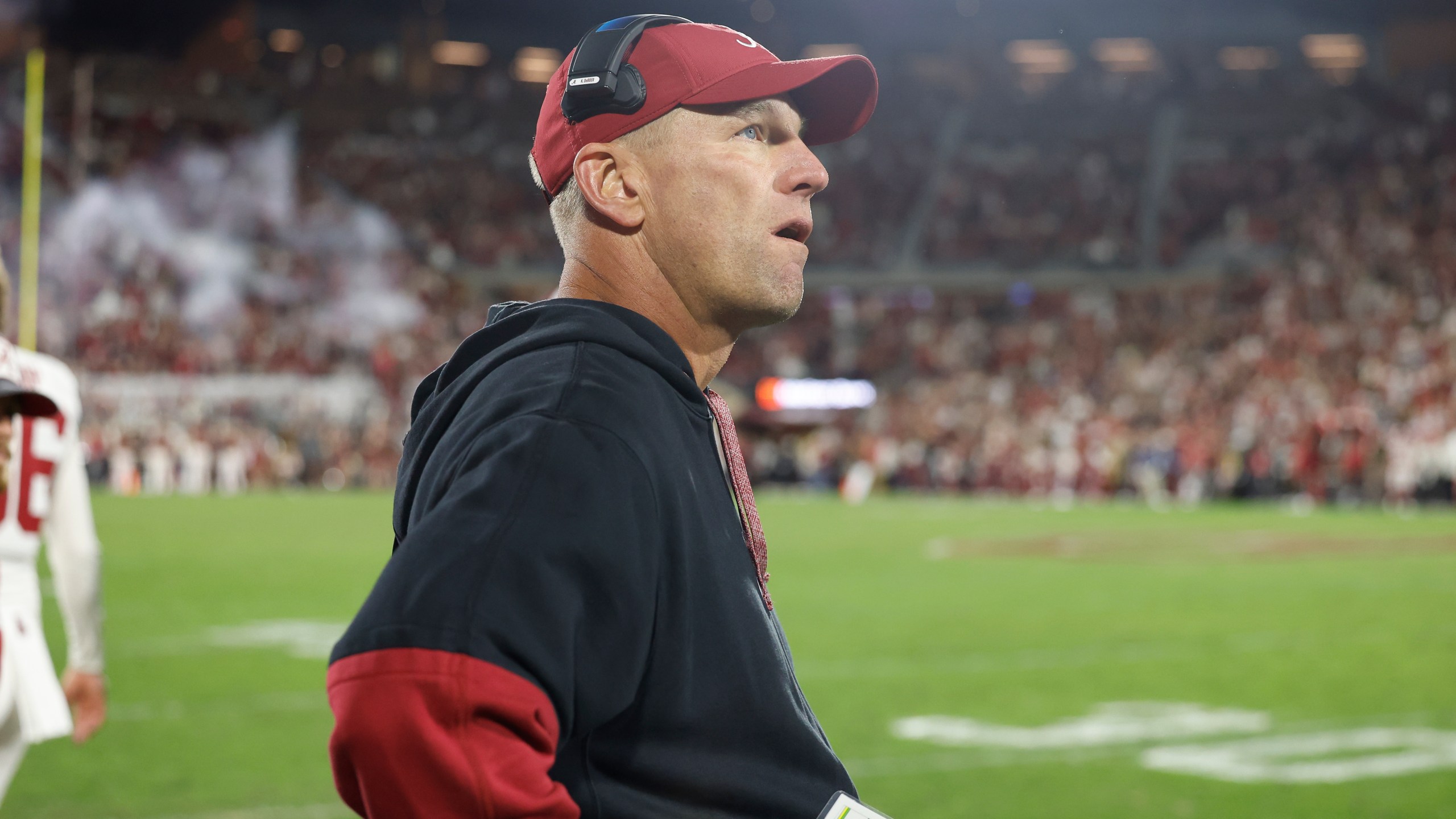 Alabama head coach Kalen DeBoer watches his team play against Oklahoma during the second half of a NCAA college football game Saturday, Nov. 23, 2024, in Norman, Okla. (AP Photo/Alonzo Adams)