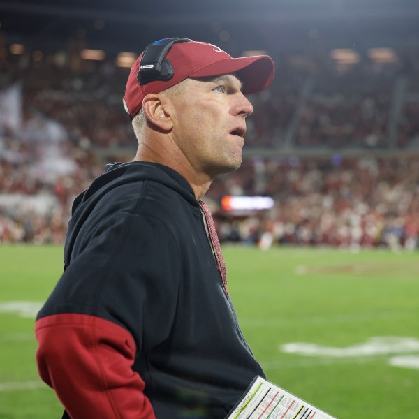 Alabama head coach Kalen DeBoer watches his team play against Oklahoma during the second half of a NCAA college football game Saturday, Nov. 23, 2024, in Norman, Okla. (AP Photo/Alonzo Adams)