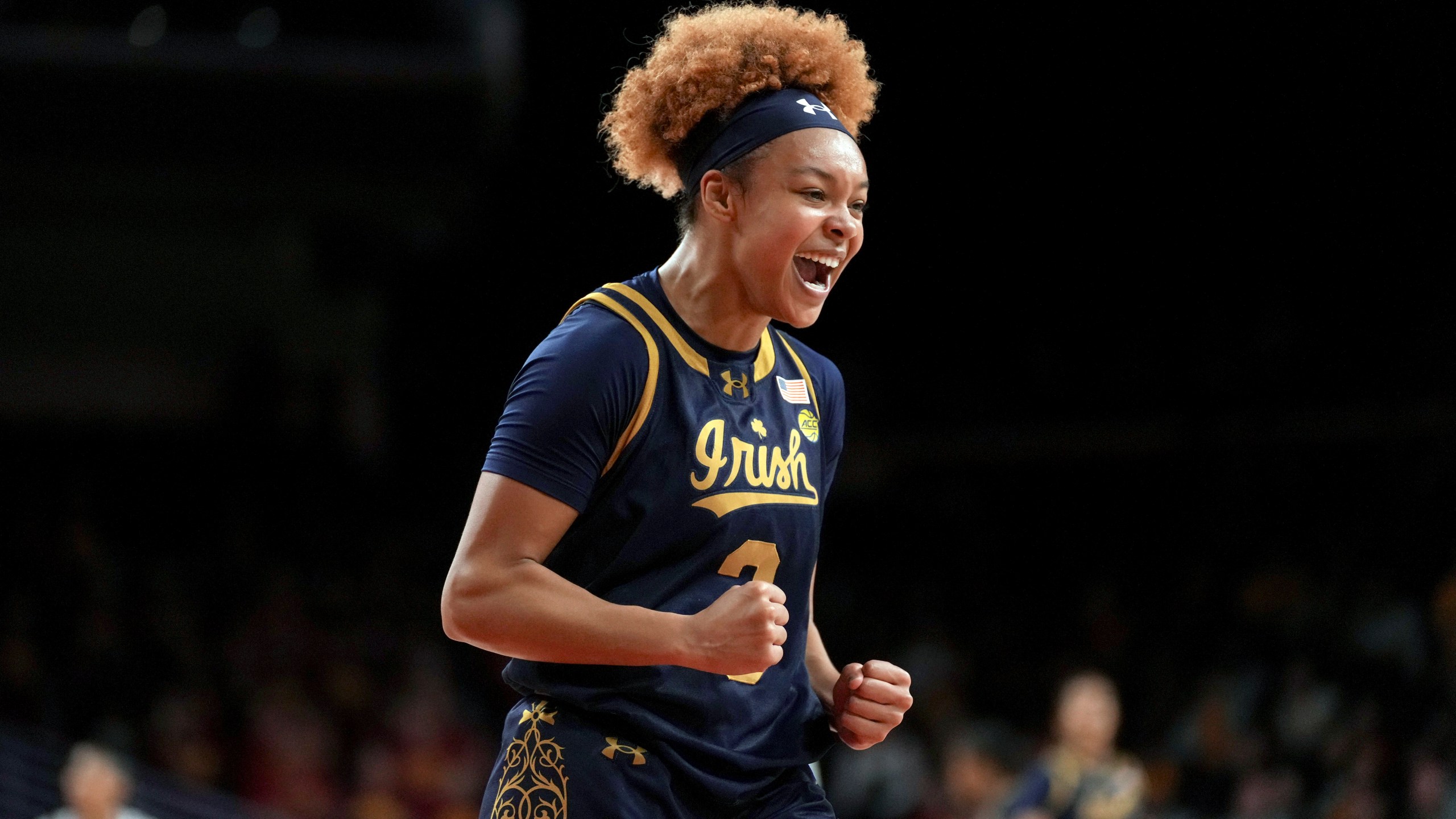 Notre Dame guard Hannah Hidalgo (3) reacts during the first half of an NCAA college basketball game against Southern California, Saturday, Nov. 23, 2024 in Los Angeles. (AP Photo/Eric Thayer)