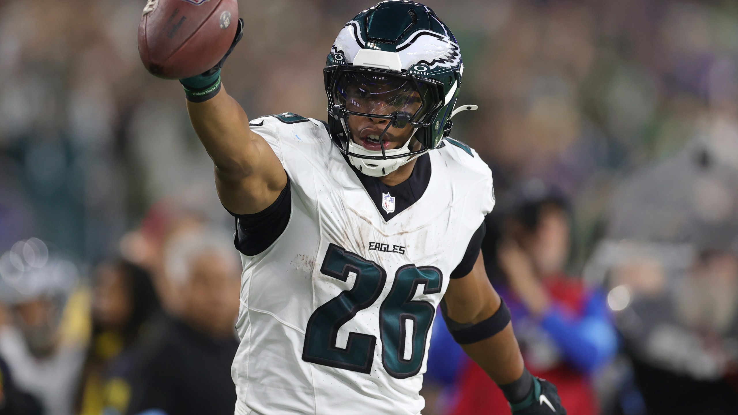 Philadelphia Eagles running back Saquon Barkley (26) reacts after a run against the Los Angeles Rams during the second half of an NFL football game in Inglewood, Calif., Sunday, Nov. 24, 2024. (AP Photo/Ryan Sun)