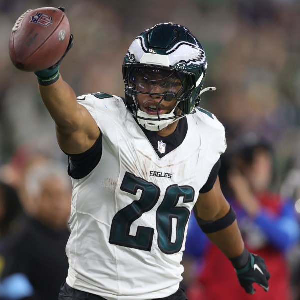 Philadelphia Eagles running back Saquon Barkley (26) reacts after a run against the Los Angeles Rams during the second half of an NFL football game in Inglewood, Calif., Sunday, Nov. 24, 2024. (AP Photo/Ryan Sun)