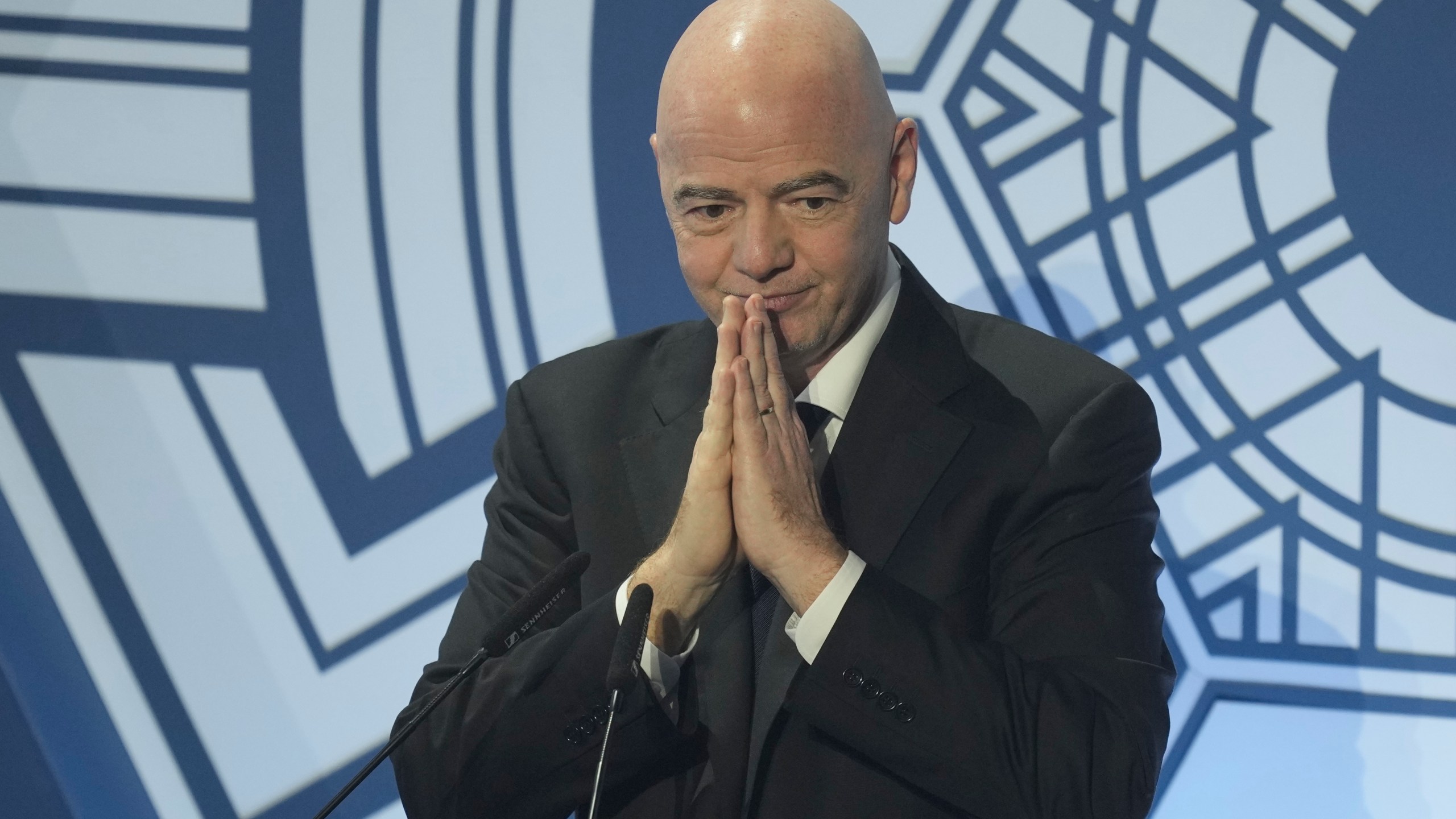 FIFA President Gianni Infantino reacts after he delivers a speech during the Asian Football Confederation or AFC Annual Award Seoul 2023, ceremony at the Grand Peace Palace in Seoul, South Korea, Tuesday, Oct. 29, 2024. (AP Photo/Lee Jin-man)