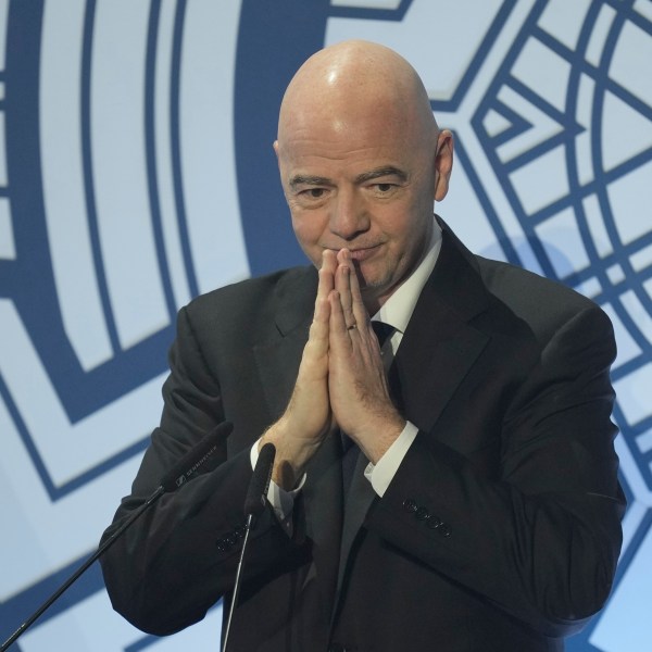 FIFA President Gianni Infantino reacts after he delivers a speech during the Asian Football Confederation or AFC Annual Award Seoul 2023, ceremony at the Grand Peace Palace in Seoul, South Korea, Tuesday, Oct. 29, 2024. (AP Photo/Lee Jin-man)