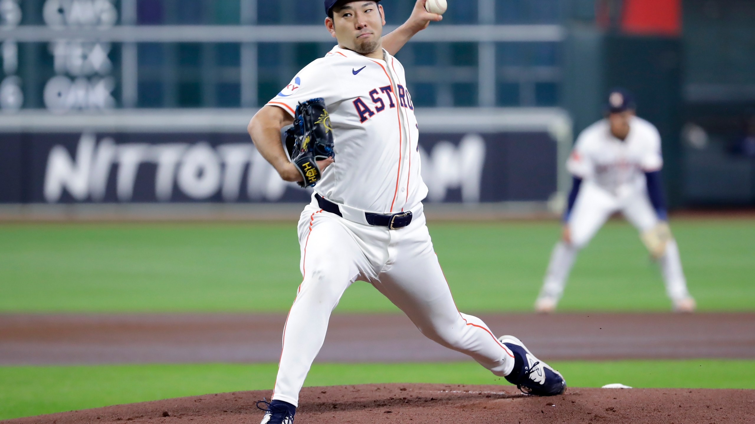 FILE - Houston Astros starting pitcher Yusei Kikuchi throws against the Seattle Mariners during the first inning of a baseball game Wednesday, Sept. 25, 2024, in Houston. (AP Photo/Michael Wyke, File)