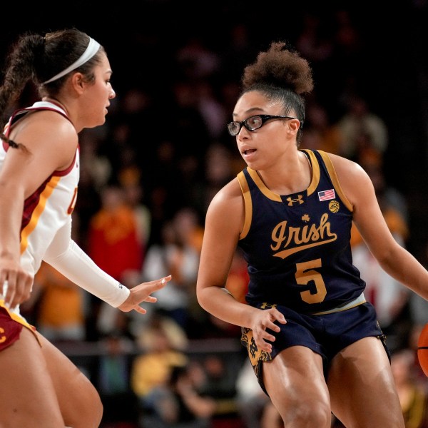 Notre Dame guard Olivia Miles (5) dribbles against Southern California guard Talia von Oelhoffen during the first half of an NCAA college basketball game, Saturday, Nov. 23, 2024 in Los Angeles. (AP Photo/Eric Thayer)