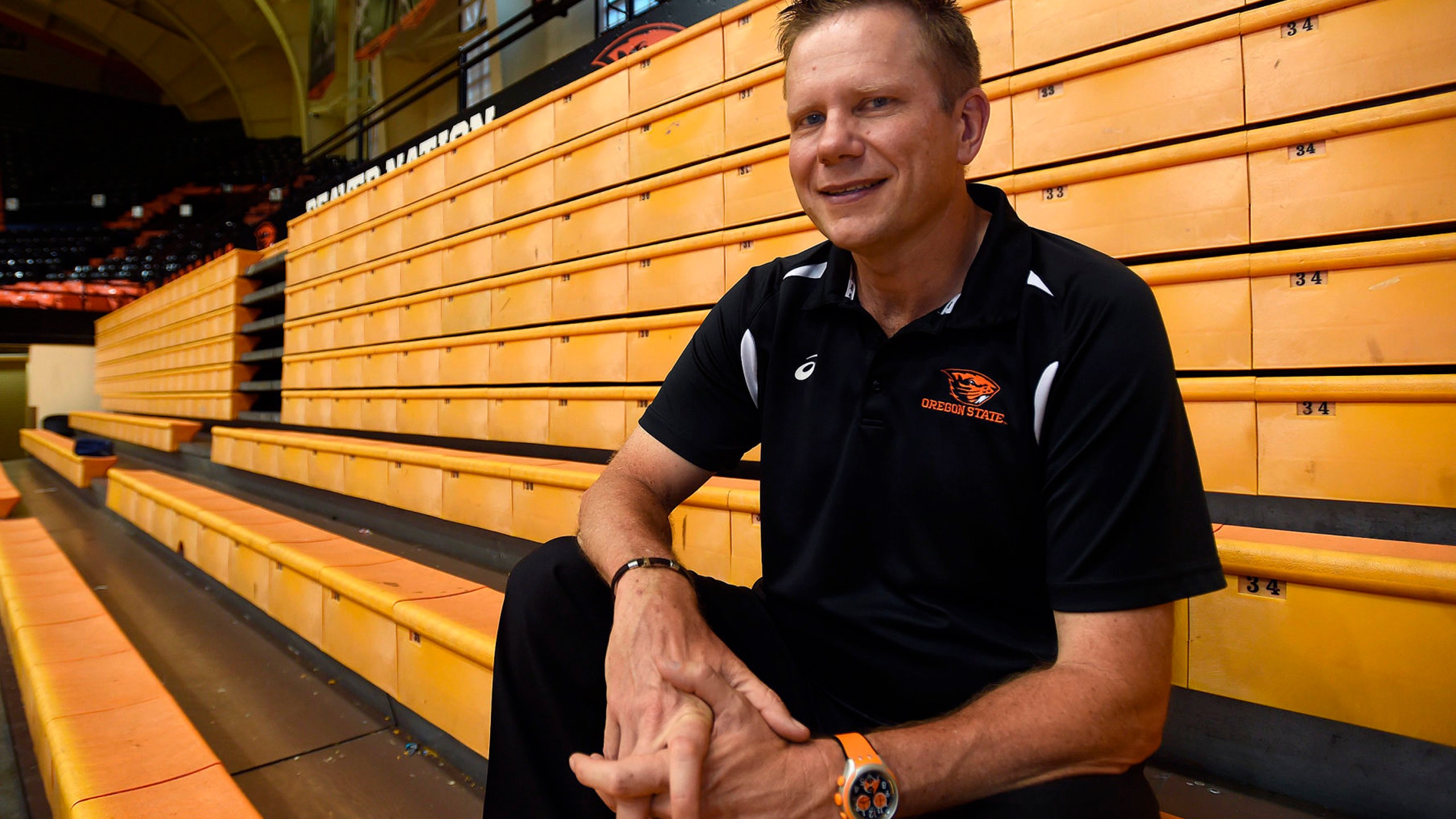 FILE - In this undated photo Oregon State volleyball coach Mark Barnard poses for a photo in Corvallis, Ore. (Godofredo Vasquet/Albany Democrat-Herald via AP, File)/Albany Democrat-Herald via AP)