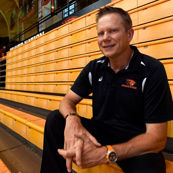 FILE - In this undated photo Oregon State volleyball coach Mark Barnard poses for a photo in Corvallis, Ore. (Godofredo Vasquet/Albany Democrat-Herald via AP, File)/Albany Democrat-Herald via AP)