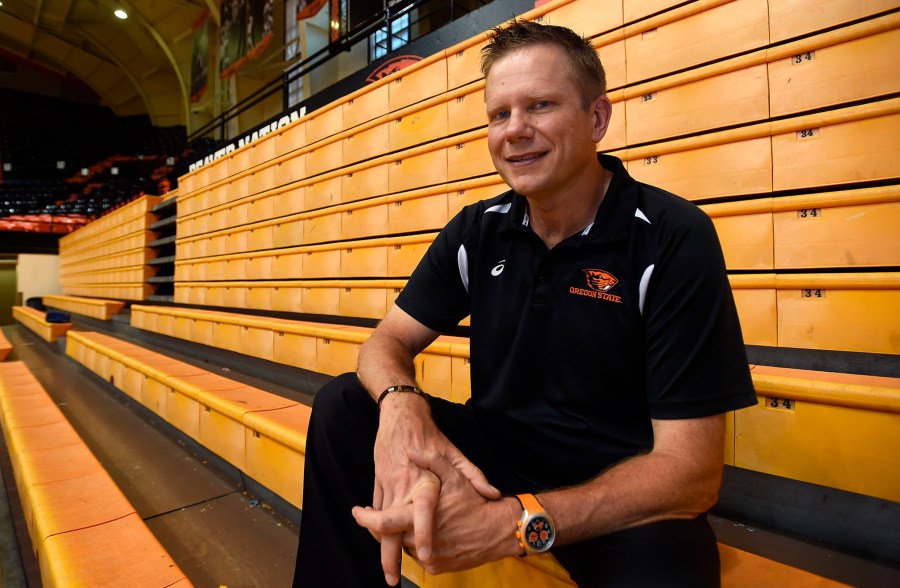 FILE - In this undated photo Oregon State volleyball coach Mark Barnard poses for a photo in Corvallis, Ore. (Godofredo Vasquet/Albany Democrat-Herald via AP, File)/Albany Democrat-Herald via AP)