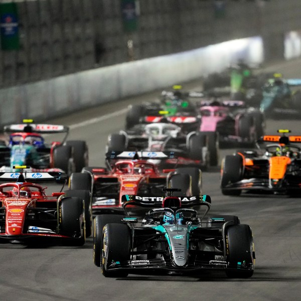 Mercedes driver George Russell, of Britain, leads the field during the F1 Las Vegas Grand Prix auto race, Sunday, Nov. 24, 2024, in Las Vegas. (AP Photo/Matt York)