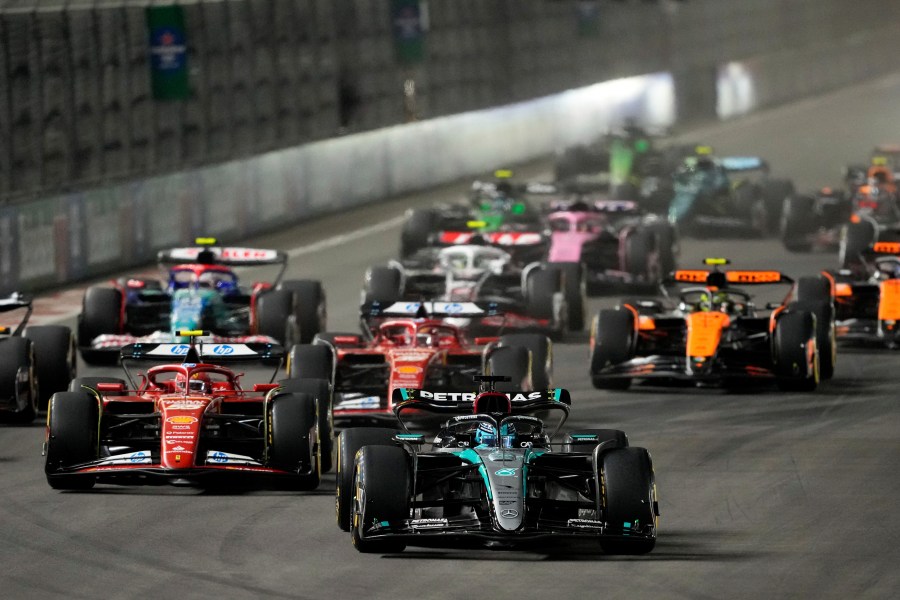 Mercedes driver George Russell, of Britain, leads the field during the F1 Las Vegas Grand Prix auto race, Sunday, Nov. 24, 2024, in Las Vegas. (AP Photo/Matt York)