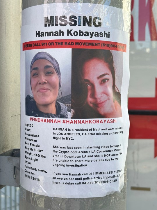 A flyer with information on Hannah Kobayashi, currently missing, is displayed Thursday, Nov. 21, 2024 in Los Angeles. (AP Photo/Damian Dovarganes)