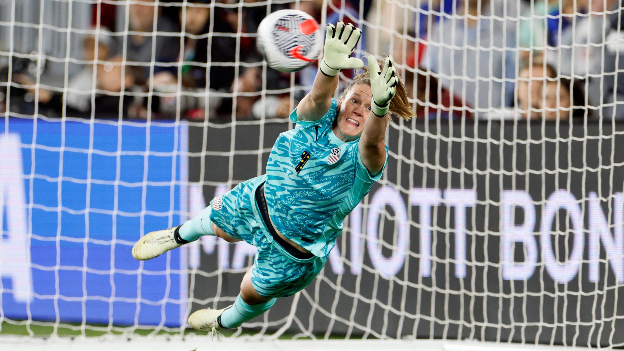 FILE - United States' Alyssa Naeher makes a save against Canada during the shoot out of a SheBelieves Cup women's soccer match Tuesday, April 9, 2024, in Columbus, Ohio. (AP Photo/Jay LaPrete, File)