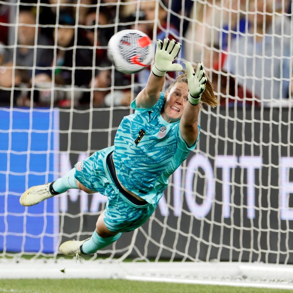 FILE - United States' Alyssa Naeher makes a save against Canada during the shoot out of a SheBelieves Cup women's soccer match Tuesday, April 9, 2024, in Columbus, Ohio. (AP Photo/Jay LaPrete, File)